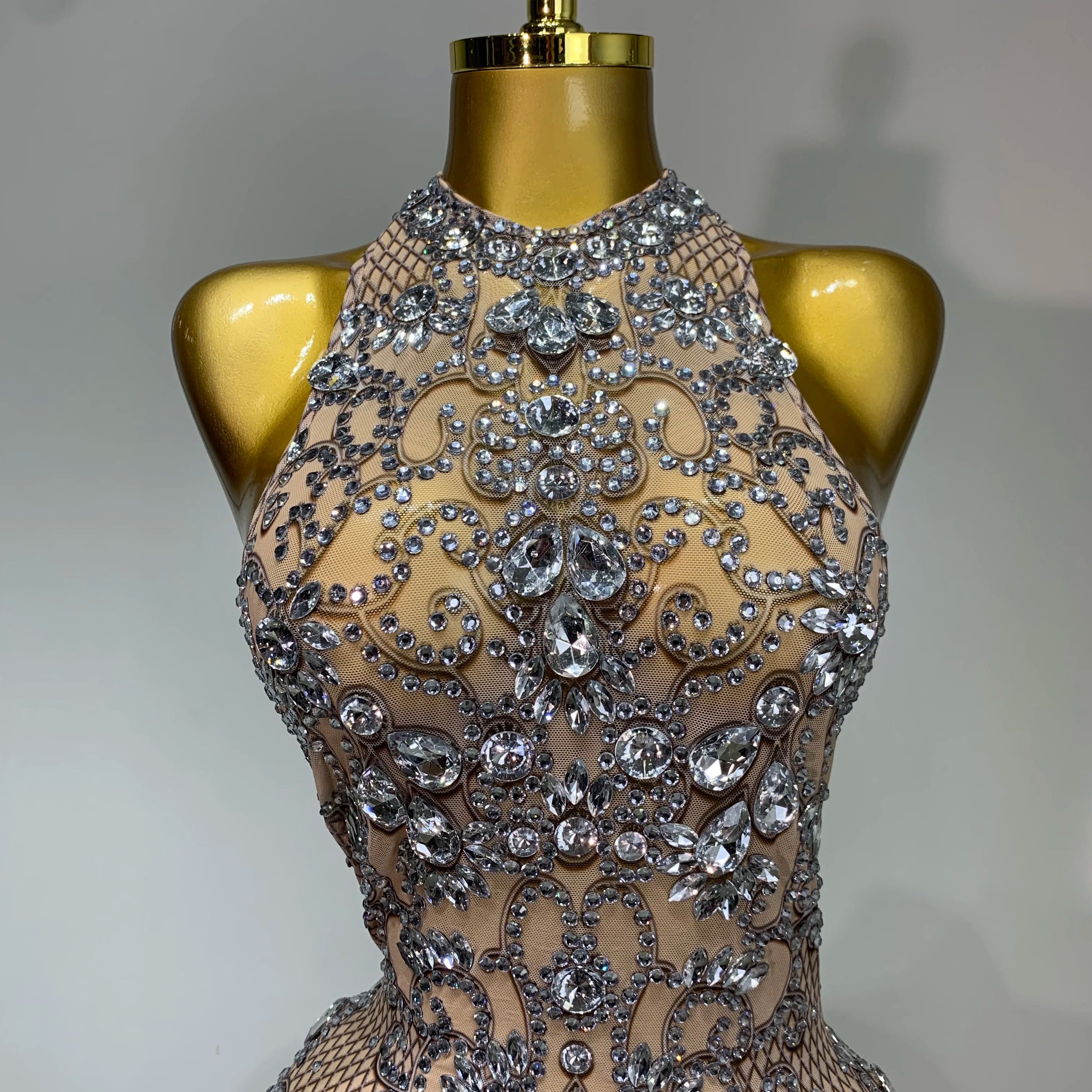 Women Sexy Backless Mesh Crystal Diamonds Performance Costume Stage Dancer See Through Stretchy Nightclub Evenig Party Dresses