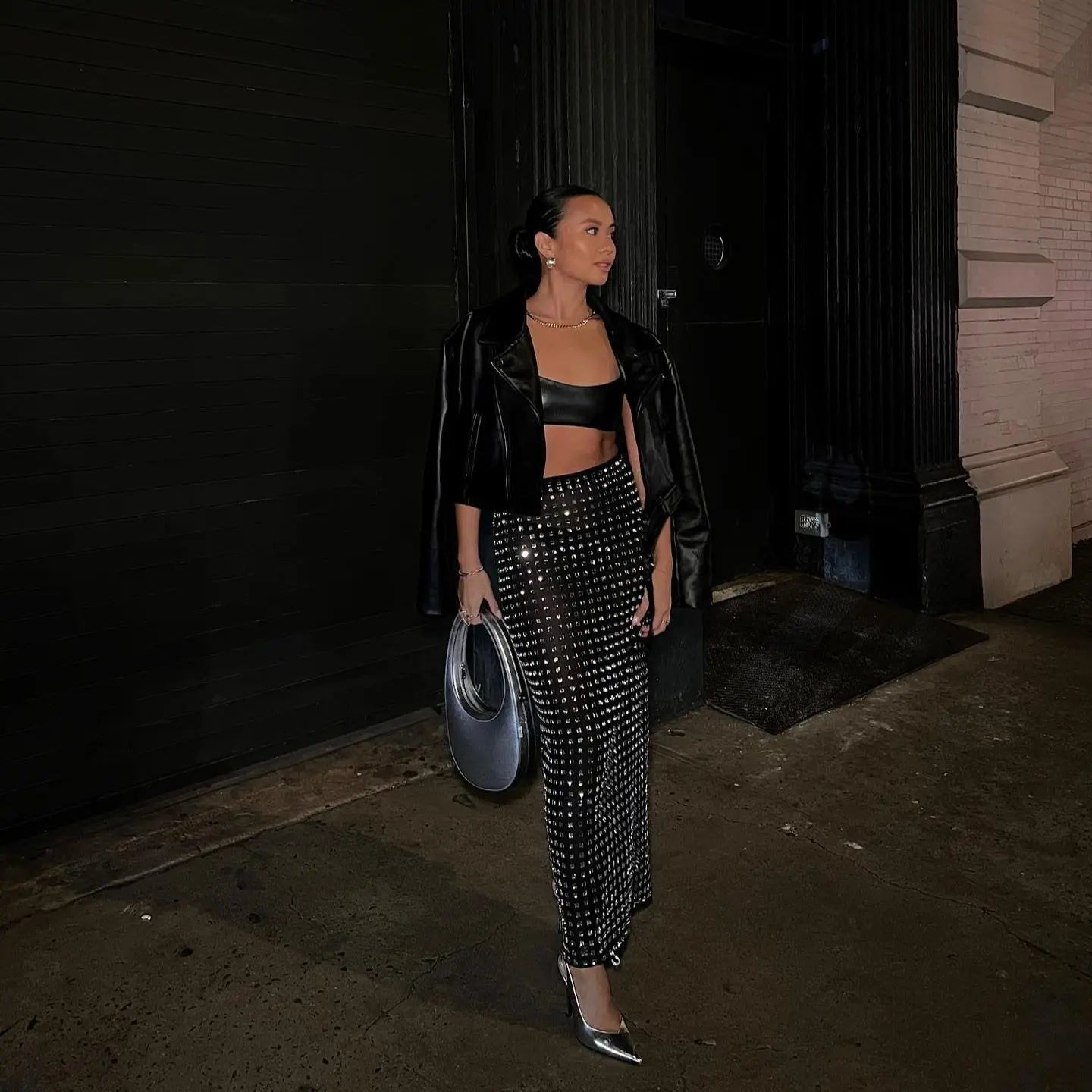 New Arrival Shining Square Diamonds Sexy Mesh See Through Black Long Skirt Fashion Woman High Street Wear Evening Party Outfit