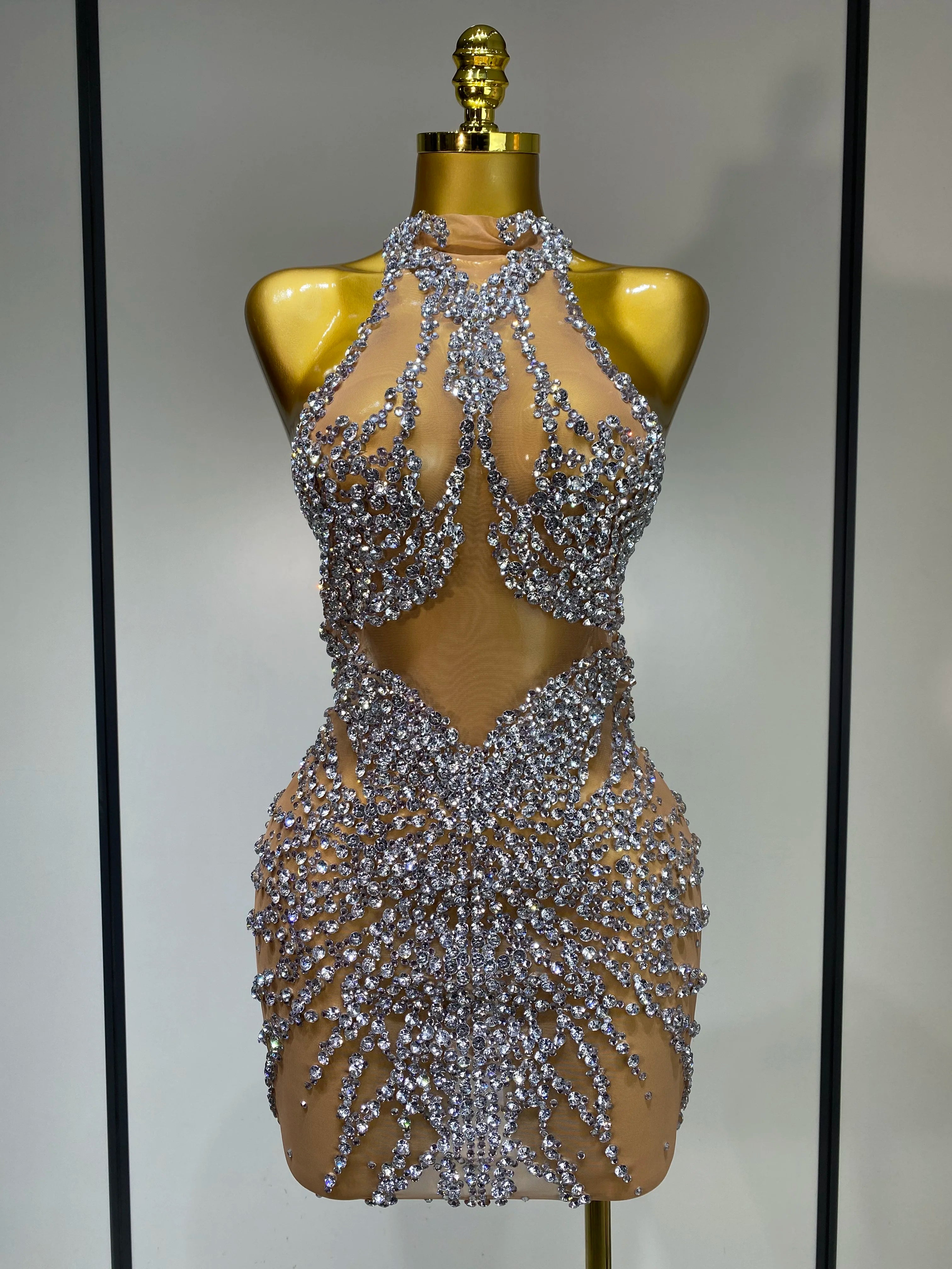 Luxury Rhinestones Mesh Transparent Prom Mini Dress Shinny Women Birthday Celebrate Party Prom Nightclub Outfit Stage Costume