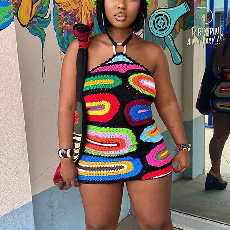 Weird Puss Fake Knit Print Dress Women Summer Fashion Backless Colorful Halter Mini Bodycon Skinny Stretch Streetwear Clothes black