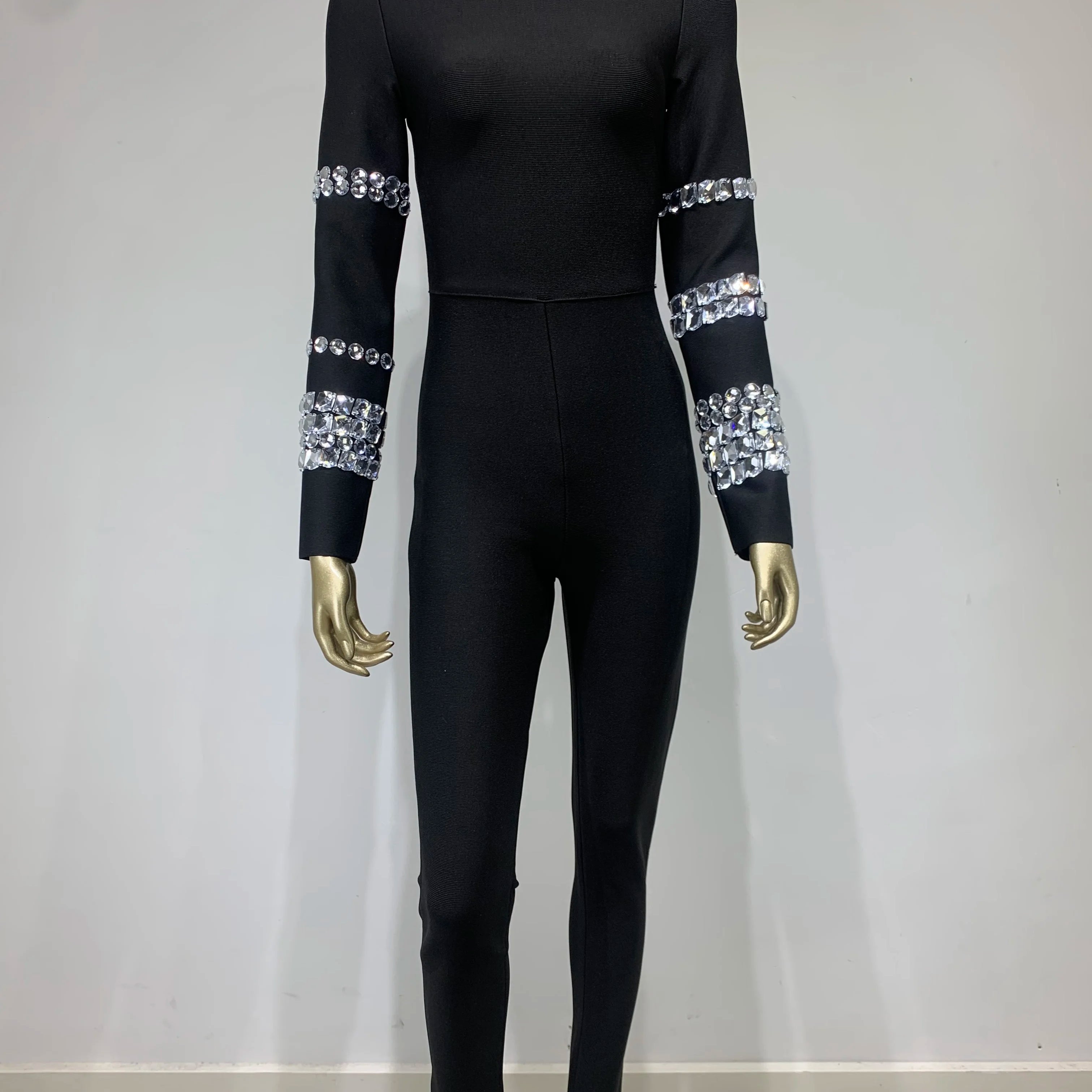 Chic Women Luxury Sexy Long Sleeve Turtleneck Beading Sparkly Black Bandage Jumpsuit 2023 Celebrity Designer High Street Rompers