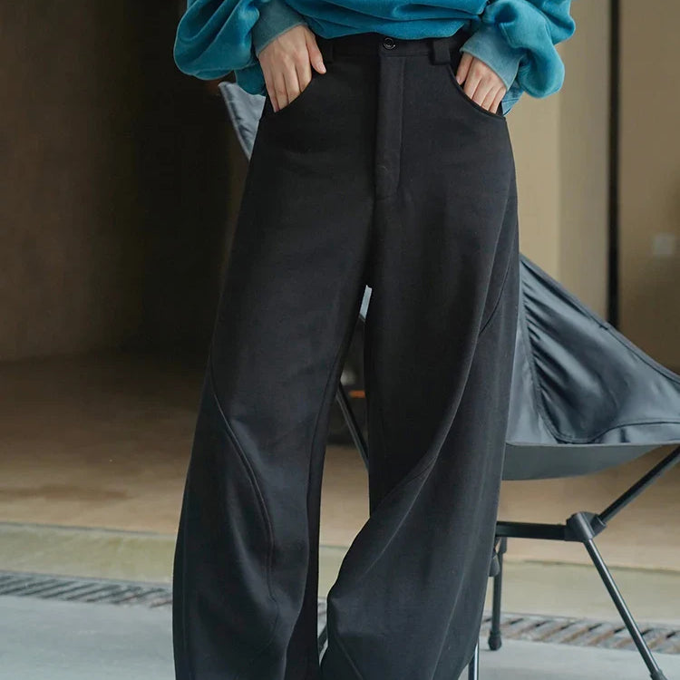 [LANMREM] Vintage Spliced Design Pants For Women High Waist Wideleg Trousers Thicking Warm Clothing Spring New 26D6432