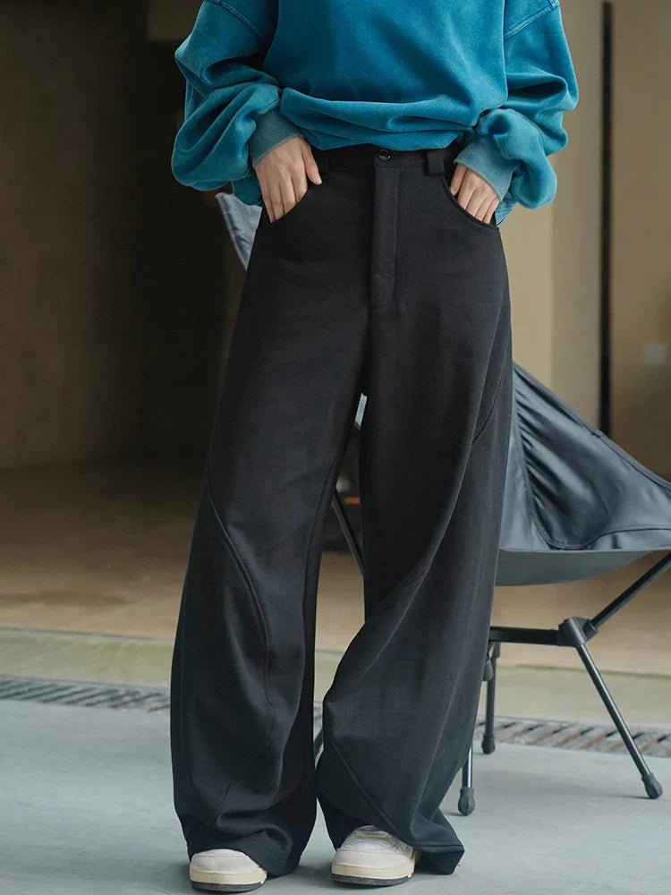 [LANMREM] Vintage Spliced Design Pants For Women High Waist Wideleg Trousers Thicking Warm Clothing Spring New 26D6432