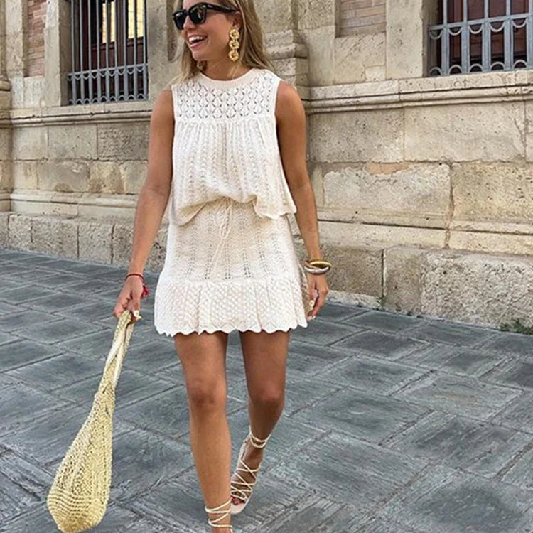 Women Knit Mesh Jacquard Skirts Sets Sweet Hollow Out O-neck Sleeveless Vest Top Summer A-Line Drawstring Mini Skirt Outfit