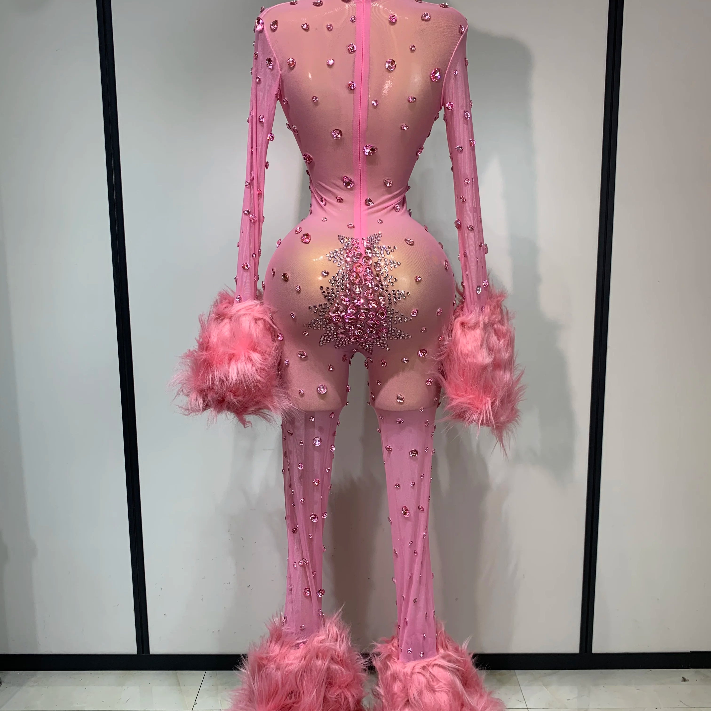 Shiny Diamond Mesh See Through Bodycon Jumpsuit Women Sexy Long Sleeve Performance Singer Costume Nightclub Stage Outfit