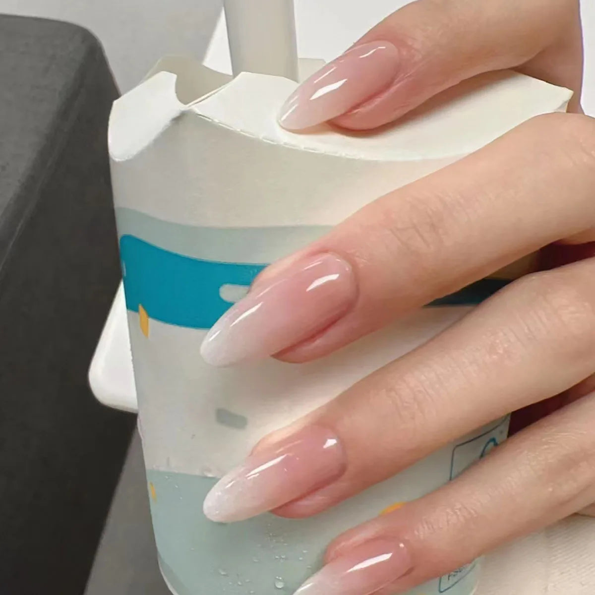 24Pcs French Stars Stick-on Nails Long Pointed Nail Tips Art Full Cover Blush Gradient Simple Wearable Acrylic False Nails Set