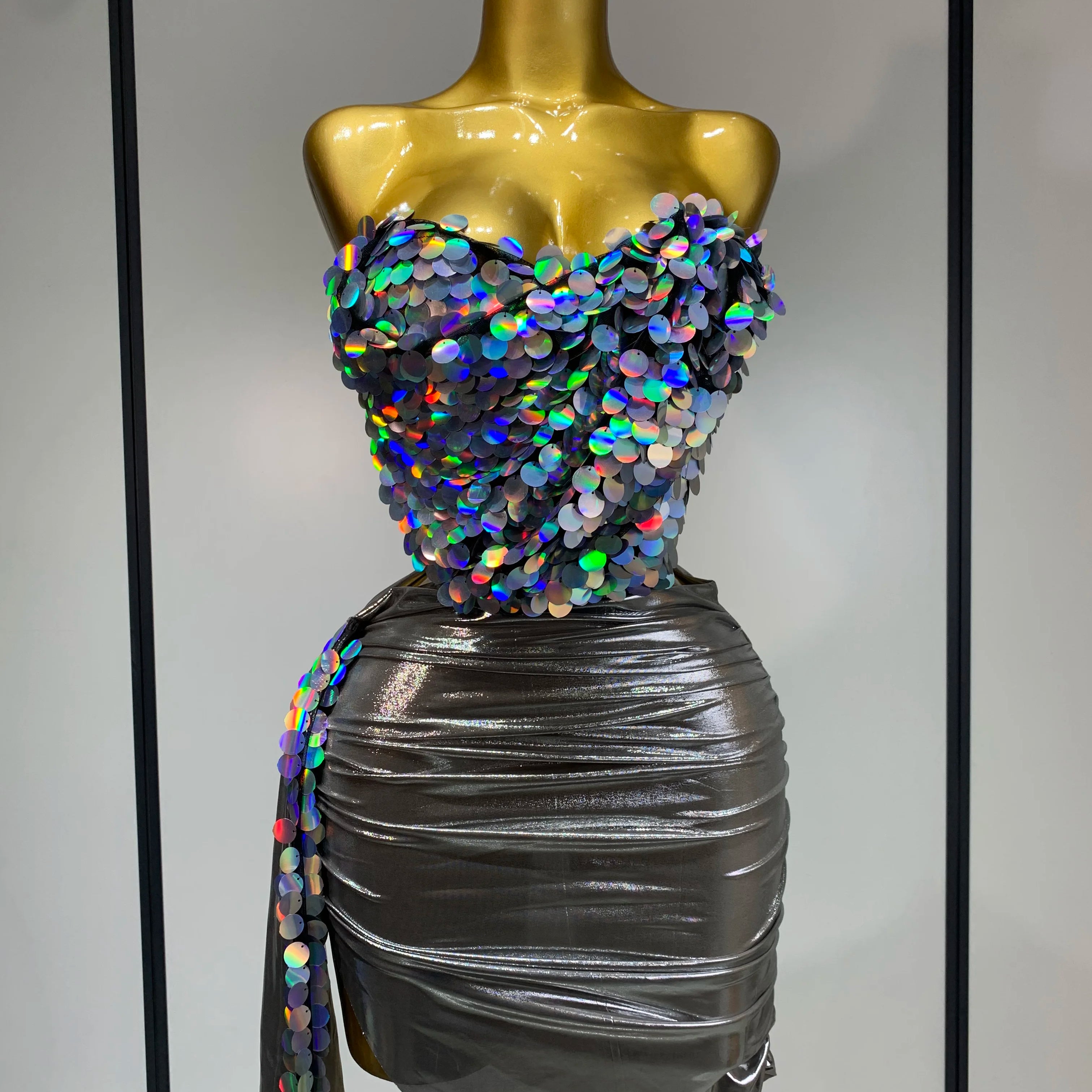 Women Sexy Strapless Sequin Glitter Two Pieces Set Celebirty Elegant Luxury Birthday Evening Party Nightclub Singer Stage Outfit