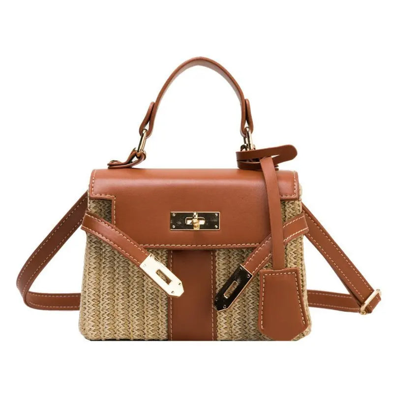 Fashion Box Straw Women Handbags Designer Wicker Woven Shoulder Crossbody Bags Chic Lock Pu Summer Beach Rattan Small Flap Brown 19 x 15 x 8 cm