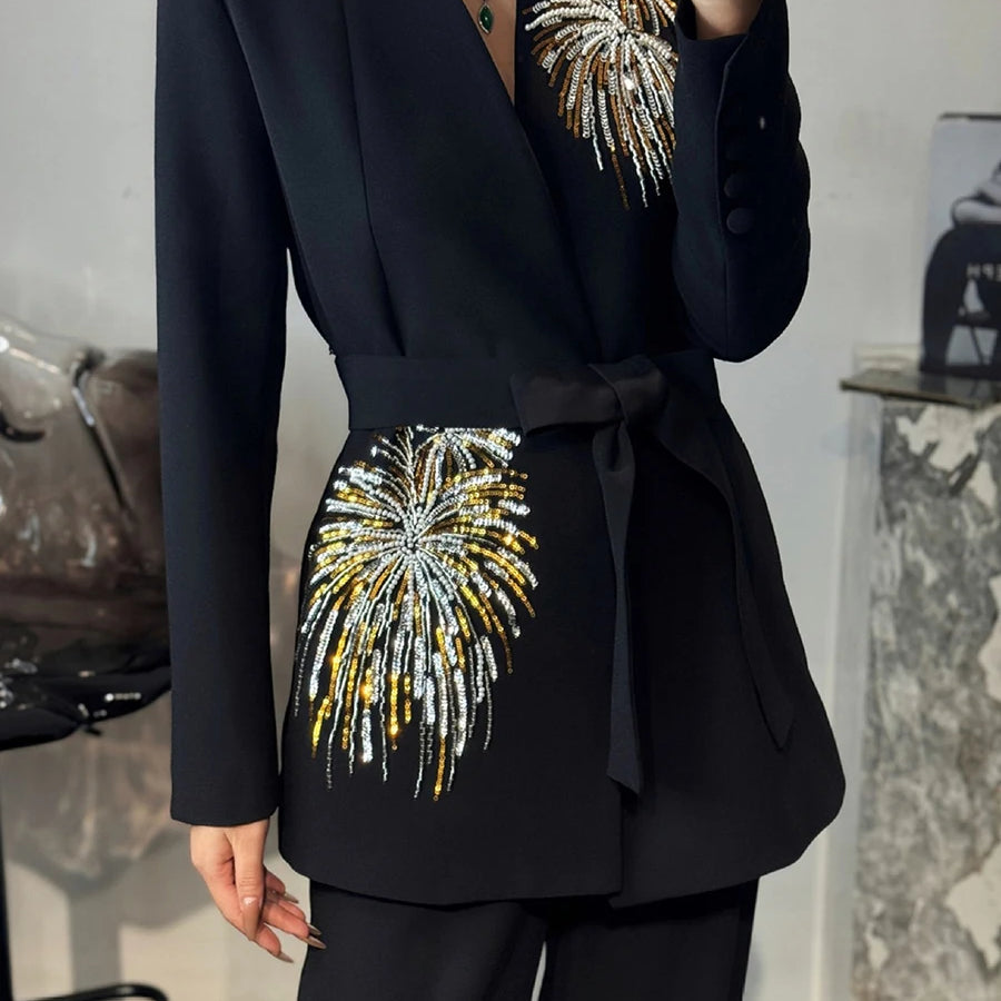 TWOTWINSTYLE Solid Slimming Two Piece Sets for Women V Neck Long Sleeves Patchwork Sequins Top High Waist Pant Fashionset Female