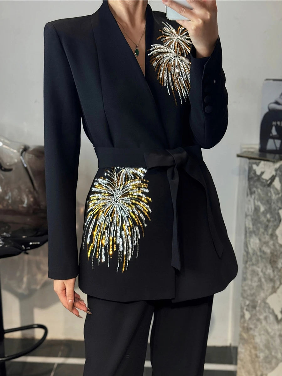 TWOTWINSTYLE Solid Slimming Two Piece Sets for Women V Neck Long Sleeves Patchwork Sequins Top High Waist Pant Fashionset Female