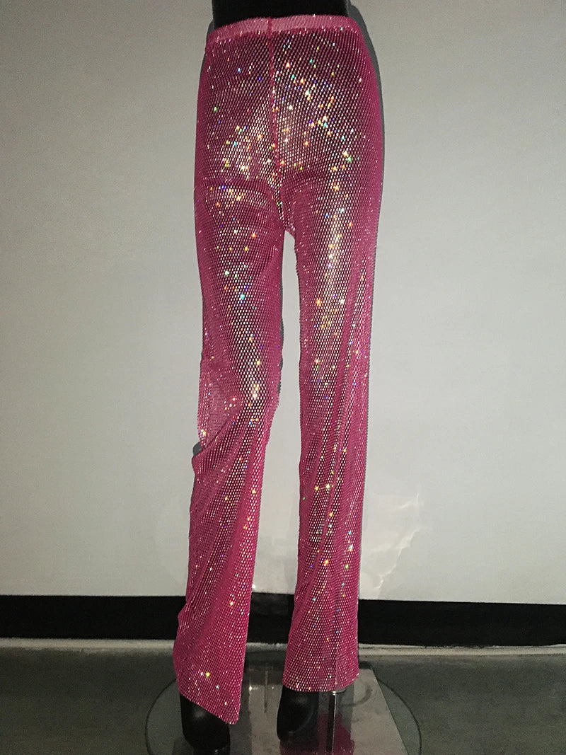 Fashion Sexy Glitter Crystal Diamonds Fishnet Women Pant See Through High Waist Pant Female Loose Hot Girl Party Clubwear Rose Red One Size
