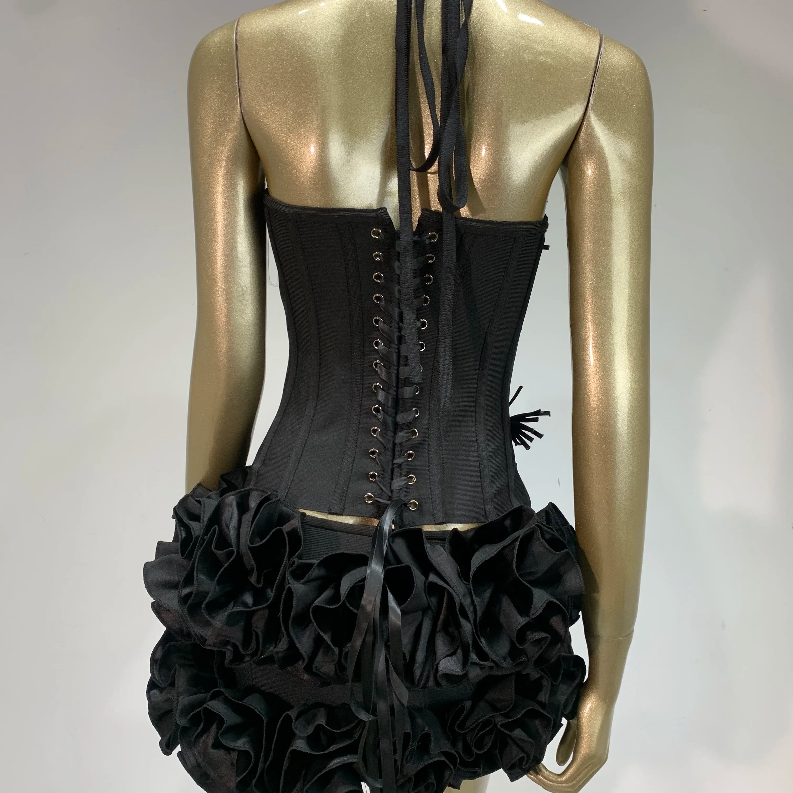 Women Sexy Halter Backless Lacing Flower Black Mini Two Pieces Skirt Bandage Set 2025 Celebrity Designer Fashion Women's Set