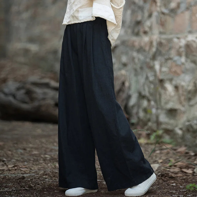 Vintage Casual Cotton Linen Female Pants Spring Summer Korean Style Elastic Waist Solid Women Long Straight Wide Leg Pants Black One Size
