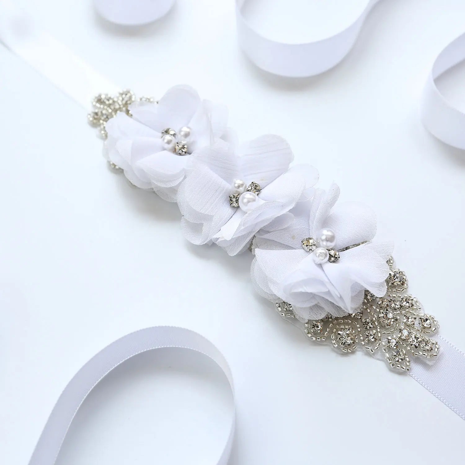 Wedding Accessories Bridal Belts Satin Flower Sash Woman Girl Belts Flower Bead Belts Floral Belt Wedding Rhinestone Flower Belt 2-White