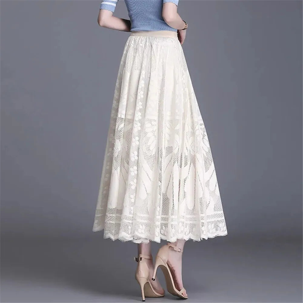 Black Lace Ruffles Tulle Skirt Women'S Autumn Winter New A-Line Long Skirt Office Ladies Big Swing Gauze Hollow Pleated Skirt