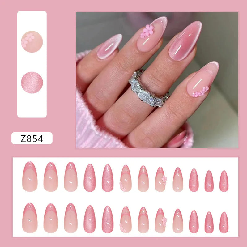 24Pcs Almond Cat-Eye Press-On Nails in Blush Pink Reusable&Wearable Elegant 3D Floral French Tips for Women&Girls’Daily Wear