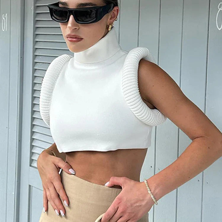 Weird Puss Feather Spliced Women Crop Tops Sleeveless Turtleneck Sexy Basic Vest Summer Hipsters High Street Y2K Rave Partywear