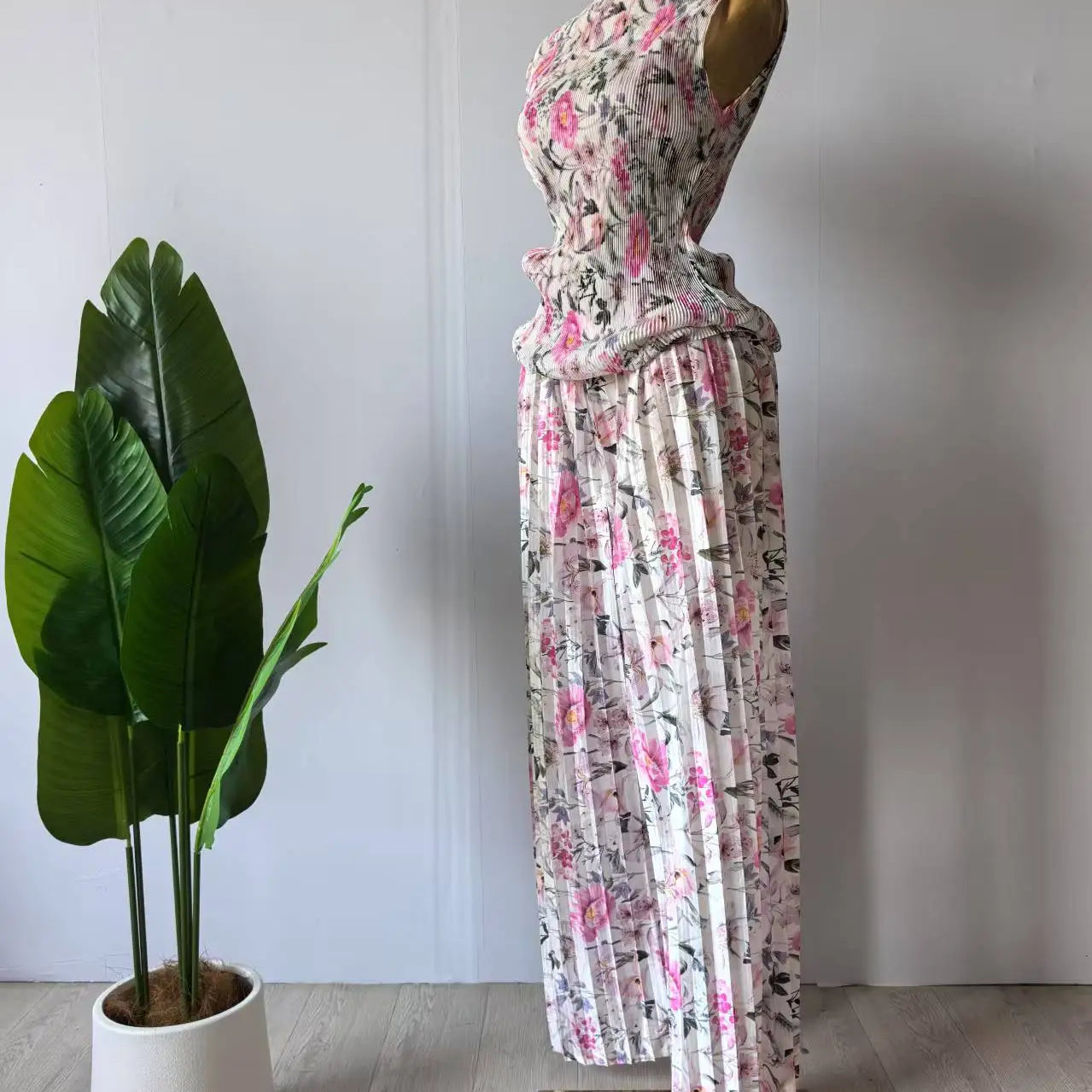 CM.YAYA Women Set Floral Print Short Sleeve Pleated T-Shirt + Wide Leg Pants 2025 Street Sexy Two 2Piece Sets Outfits Tracksuit