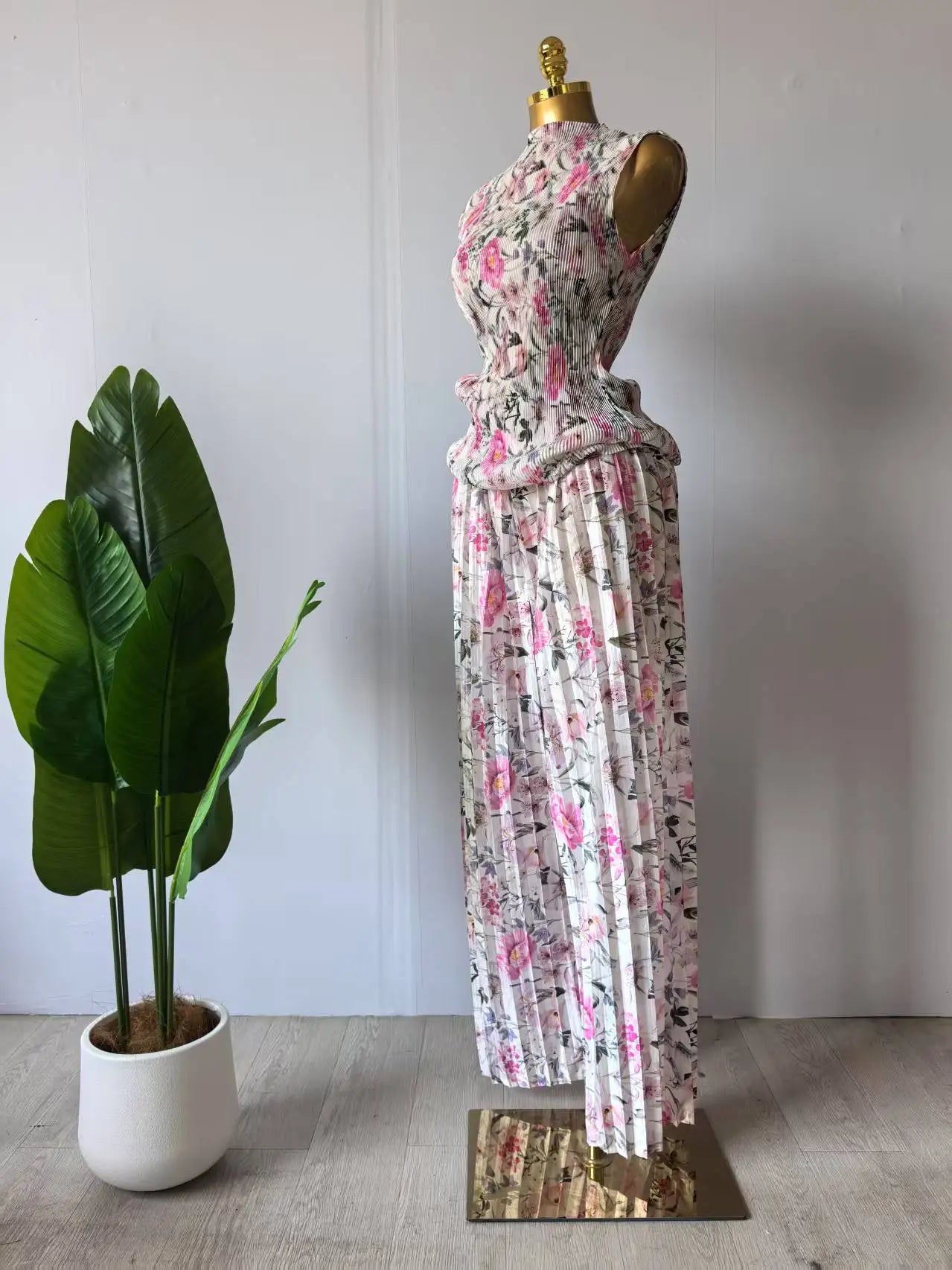 CM.YAYA Women Set Floral Print Short Sleeve Pleated T-Shirt + Wide Leg Pants 2025 Street Sexy Two 2Piece Sets Outfits Tracksuit