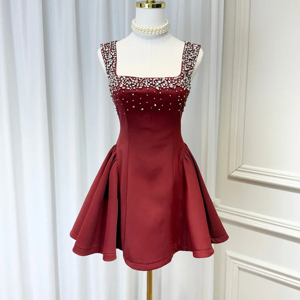 Solid Slimming Fashion Dresses for Women Square Neck Sleeveless Patchwork Diamonds Tunic Dress Female Clothing New