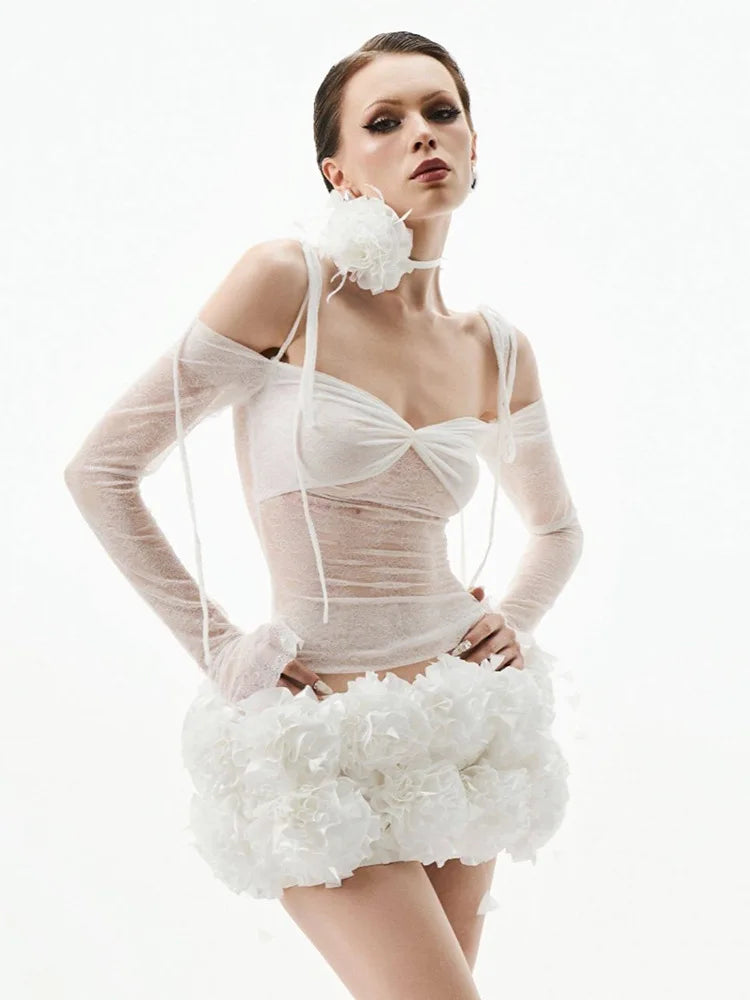 Red Color Women Long Sleeve Sexy Lace 2 Pieces Bodycon Mini Dress Florals Celebrate Nightclub Party Bar Dancer Stage Wear