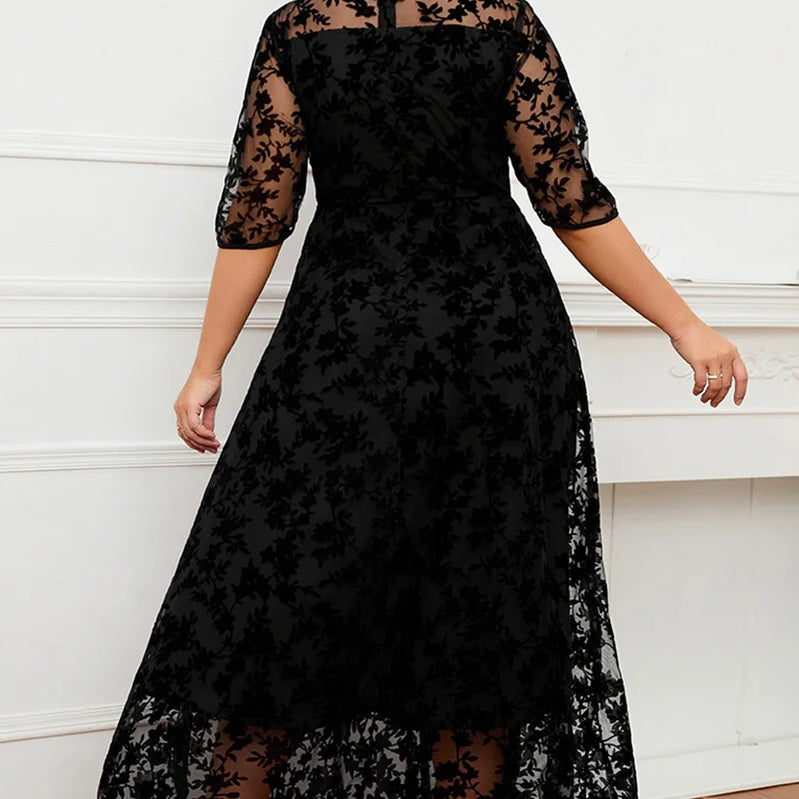 Women A-Line Dress Plus Size Lace Flocking Mesh Velvet Double Layer Tunic Embroidery Elegant Half Sleeve Spring Maxi Dress