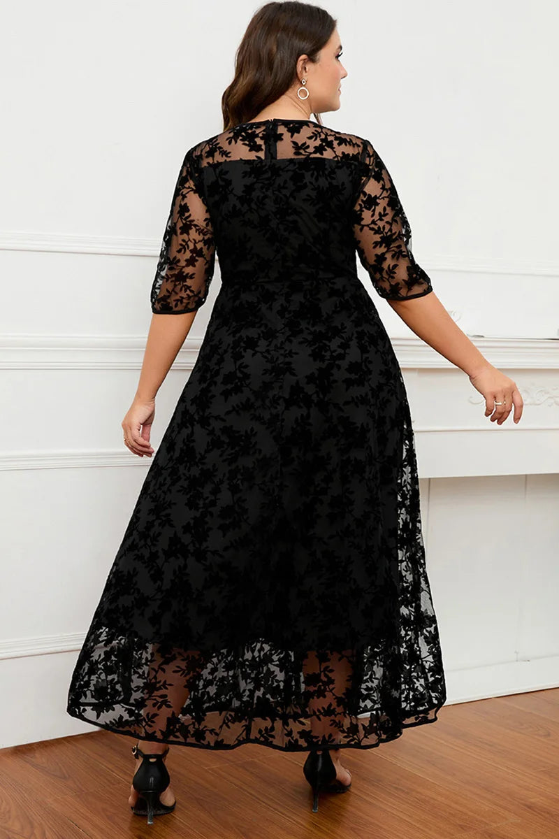Women A-Line Dress Plus Size Lace Flocking Mesh Velvet Double Layer Tunic Embroidery Elegant Half Sleeve Spring Maxi Dress