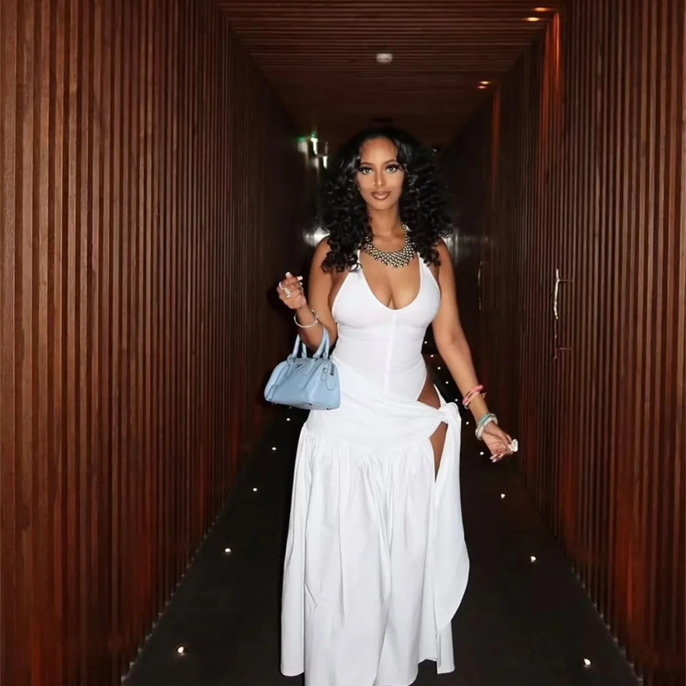 CM.YAYA Summer Women Halter Sleeveless V-Neck Tie Up High Side Split High Waist A-Line Dress Night Club Party Dresses Vestidos White