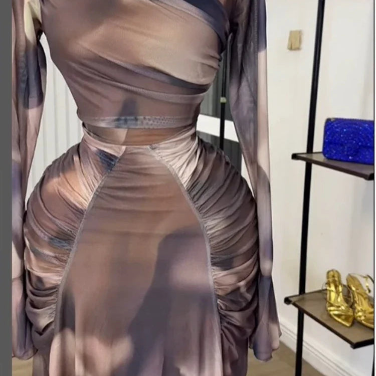 CM.YAYA Women Tie Dye Printed Skew Neck Flare Long Sleeve Ruched Stacked Maxi Long Dress 2025 Summer Birthday Sexy Party Dresses