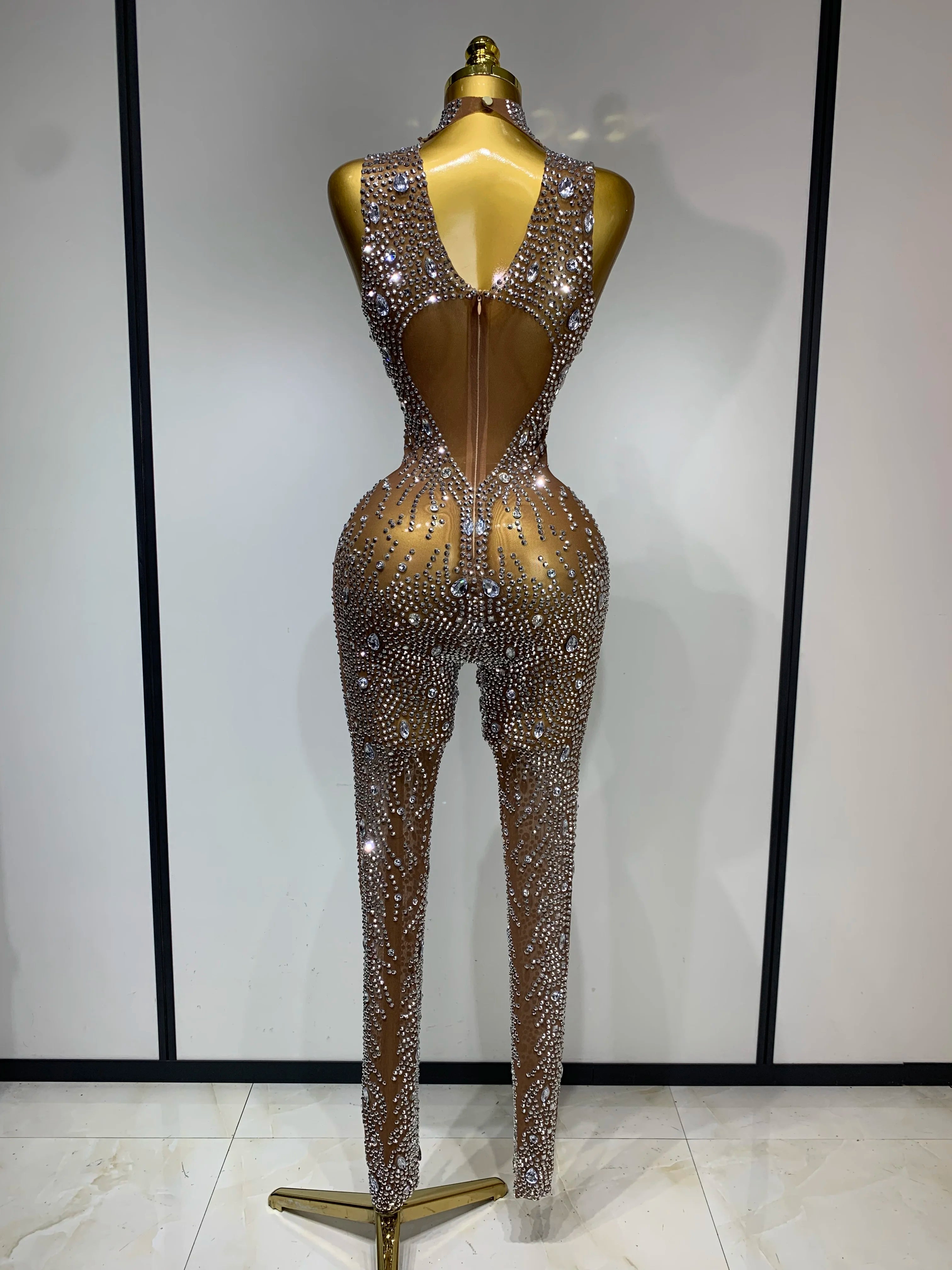 Luxury Rhinestones Jumpsuit Women Sexy Mesh See Through Performance Dance Costume Celebrate Club Birthday Party Stage Outfit