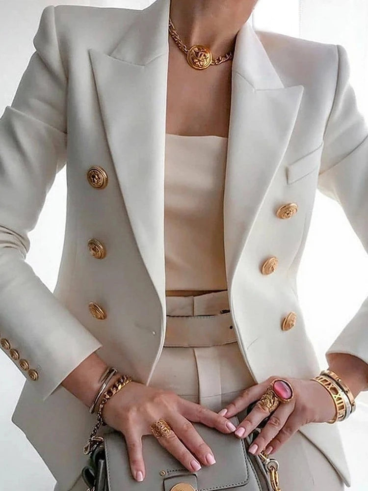 Chic Blazer Women Autumn New Korean Fashion Notched Long Sleeve Double Breasted Suits Jackets Solid Slim Casual Female Coat WHITE