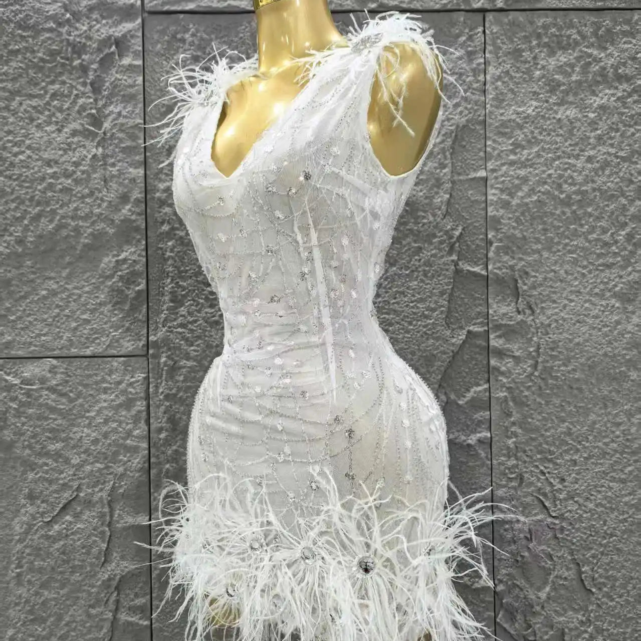 White Color Women Sleeveless V-Neck Bodycon Feathers Mini Dress Girls' Cute Birthday Party Cocktail Outfit Clothing