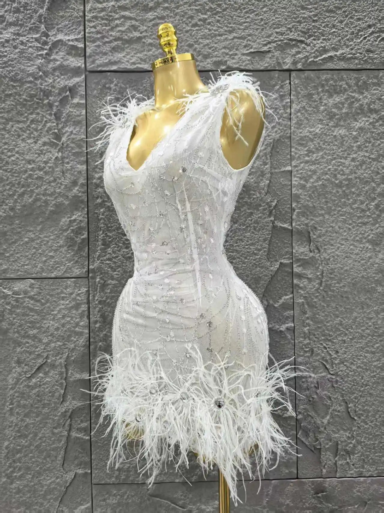 White Color Women Sleeveless V-Neck Bodycon Feathers Mini Dress Girls' Cute Birthday Party Cocktail Outfit Clothing