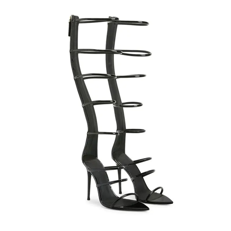 Women's New Open Toe Lacquer Leather Slim High Heel Sandals Fashion Belt Buckle Back Zipper Show Fashion Cool Boots