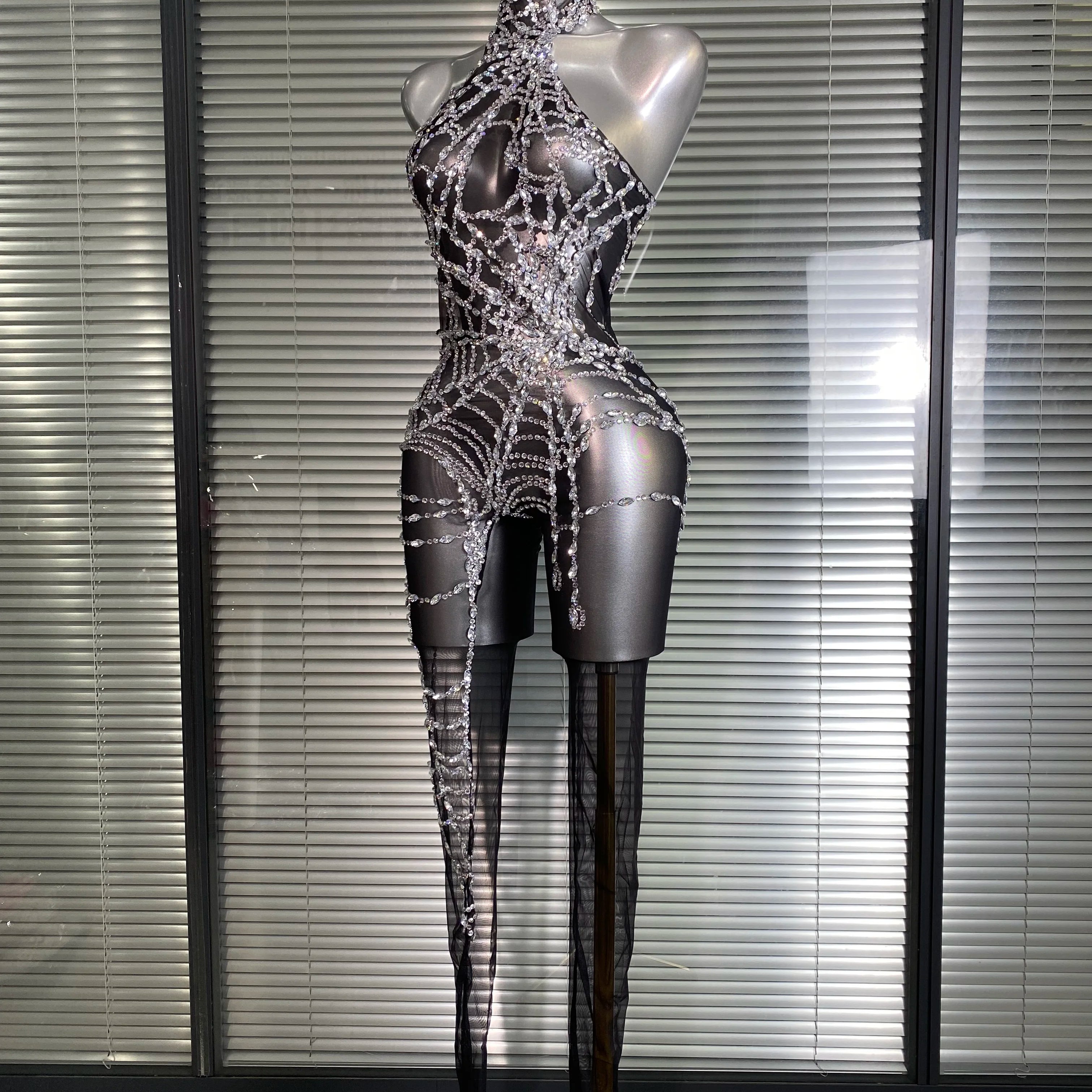 Women Sexy Black Nude Crystal Jumpsuit Celebrity Designer Stretchy Mesh See Through Singer Dancer Stage Night Club Rompers