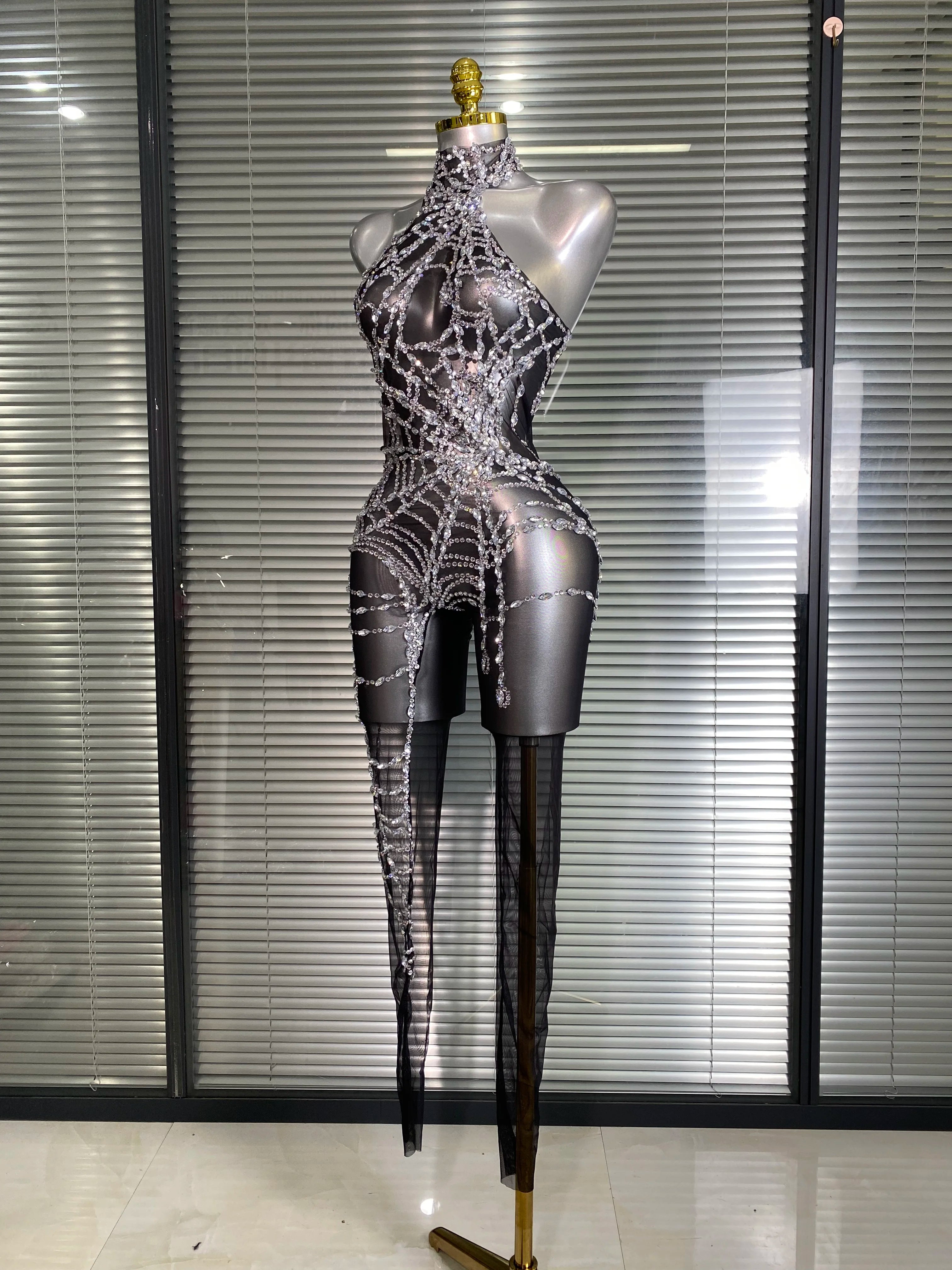 Women Sexy Black Nude Crystal Jumpsuit Celebrity Designer Stretchy Mesh See Through Singer Dancer Stage Night Club Rompers