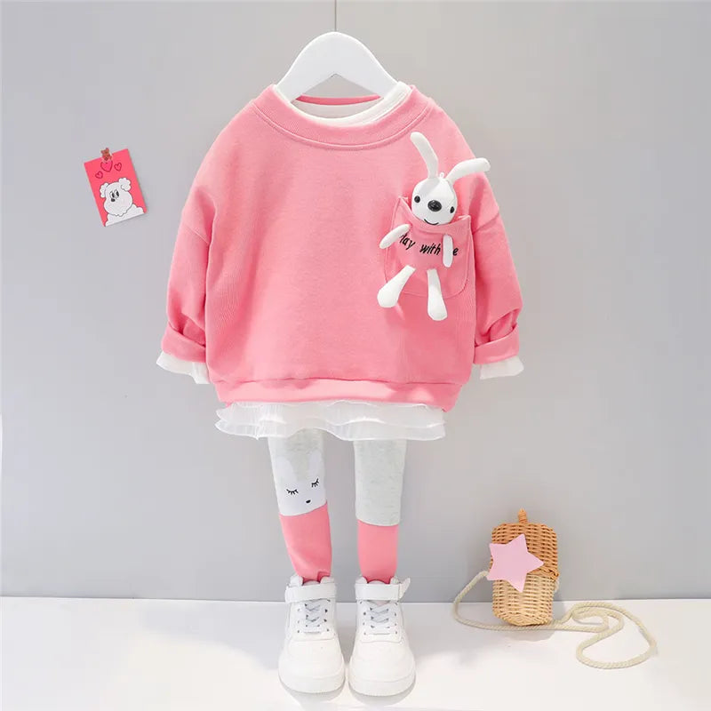 Girls Clothes Spring Autumn Baby Kids Clothing Sets Hooded Casual T Shirt Pants Toddler Infant Tracksuit Children Outfits AC2125-Pink