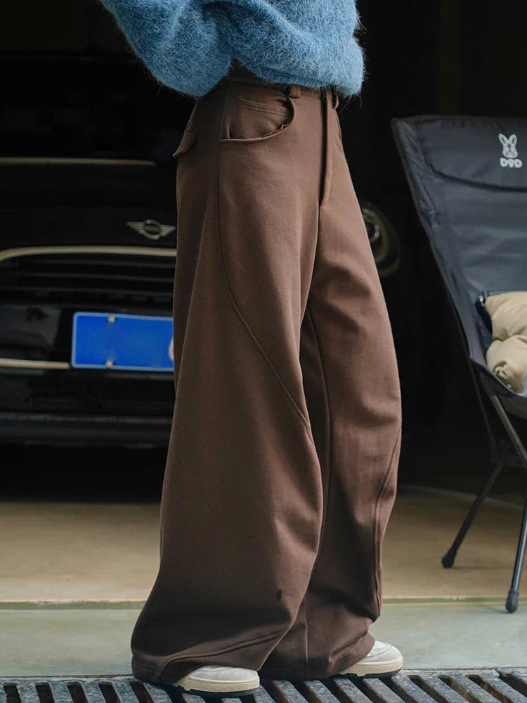 [LANMREM] Vintage Spliced Design Pants For Women High Waist Wideleg Trousers Thicking Warm Clothing Spring New 26D6432 Brown