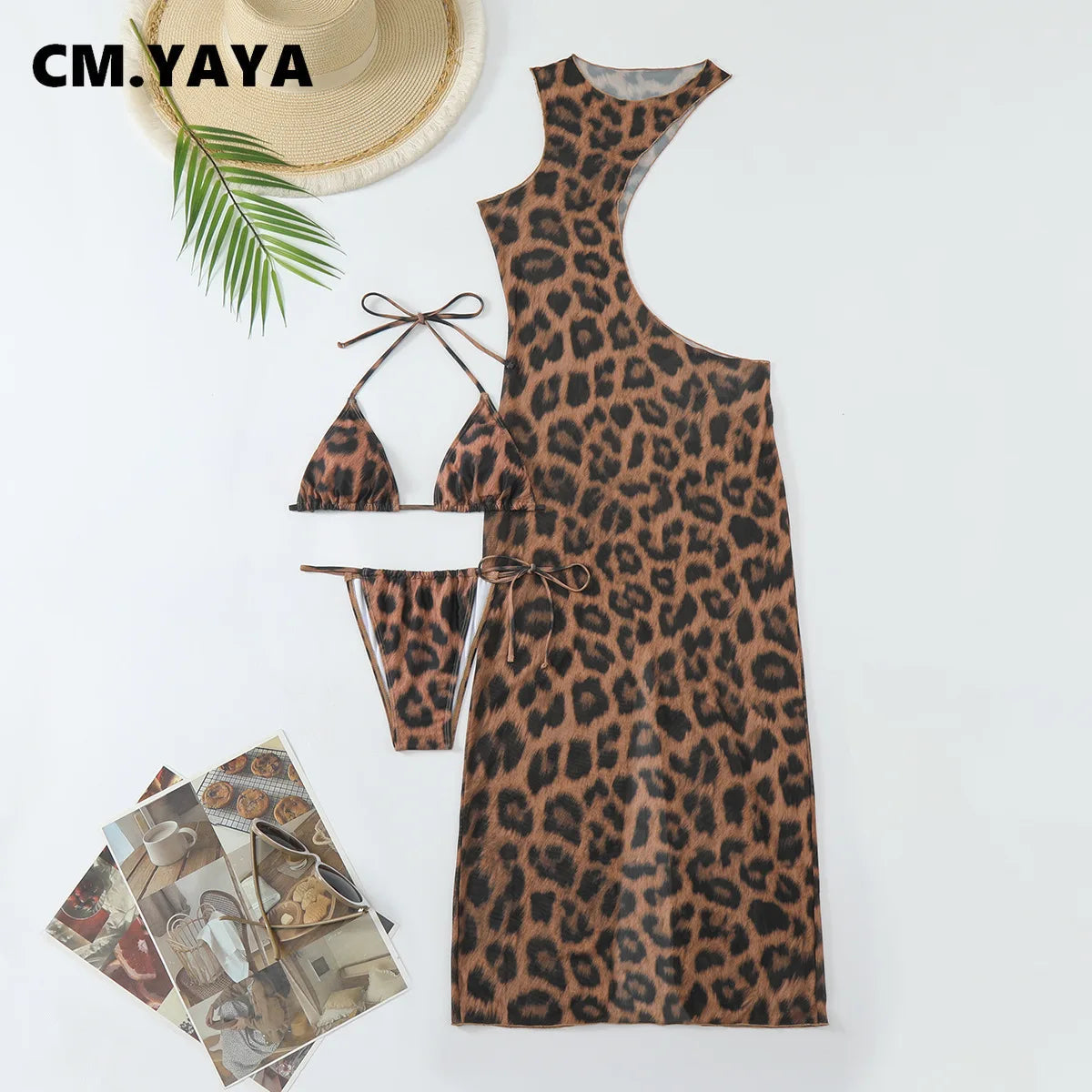 CM.YAYA Women Beach Bikini Set with Cutout Leopard Printed Sexy Long Bodycon Swimsuit Three 2 Piece Set Swimwear Bathing Suit