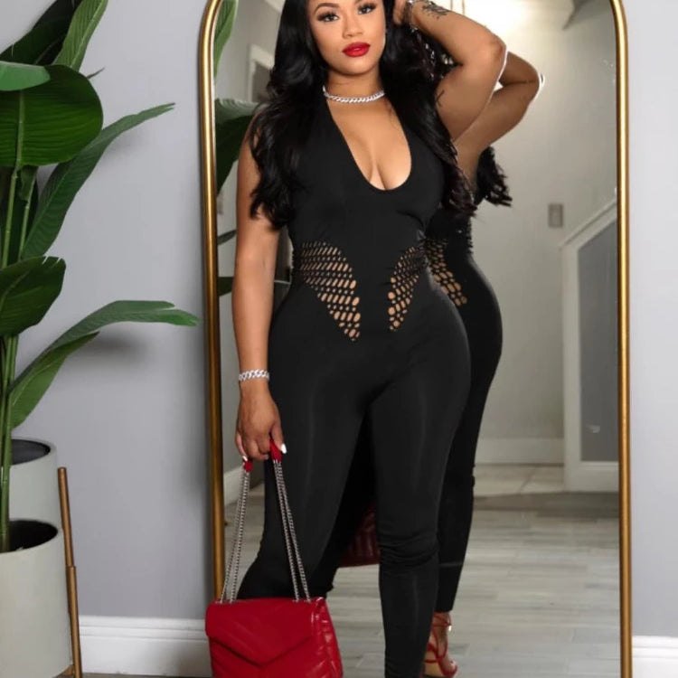 CM.YAYA Sleeveless Sexy Mesh Lace Hollow Out Women’s Jumpsuits 2025 summer v-Neck Night Club Party Pajamas One Piece Outfits