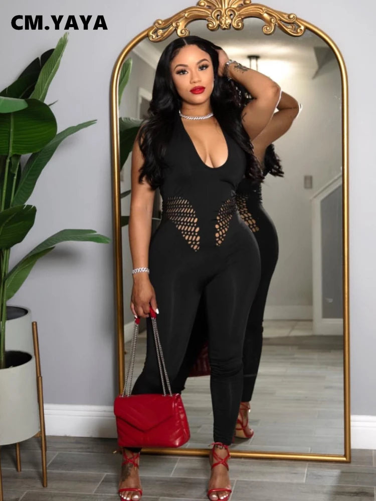 CM.YAYA Sleeveless Sexy Mesh Lace Hollow Out Women’s Jumpsuits 2025 summer v-Neck Night Club Party Pajamas One Piece Outfits