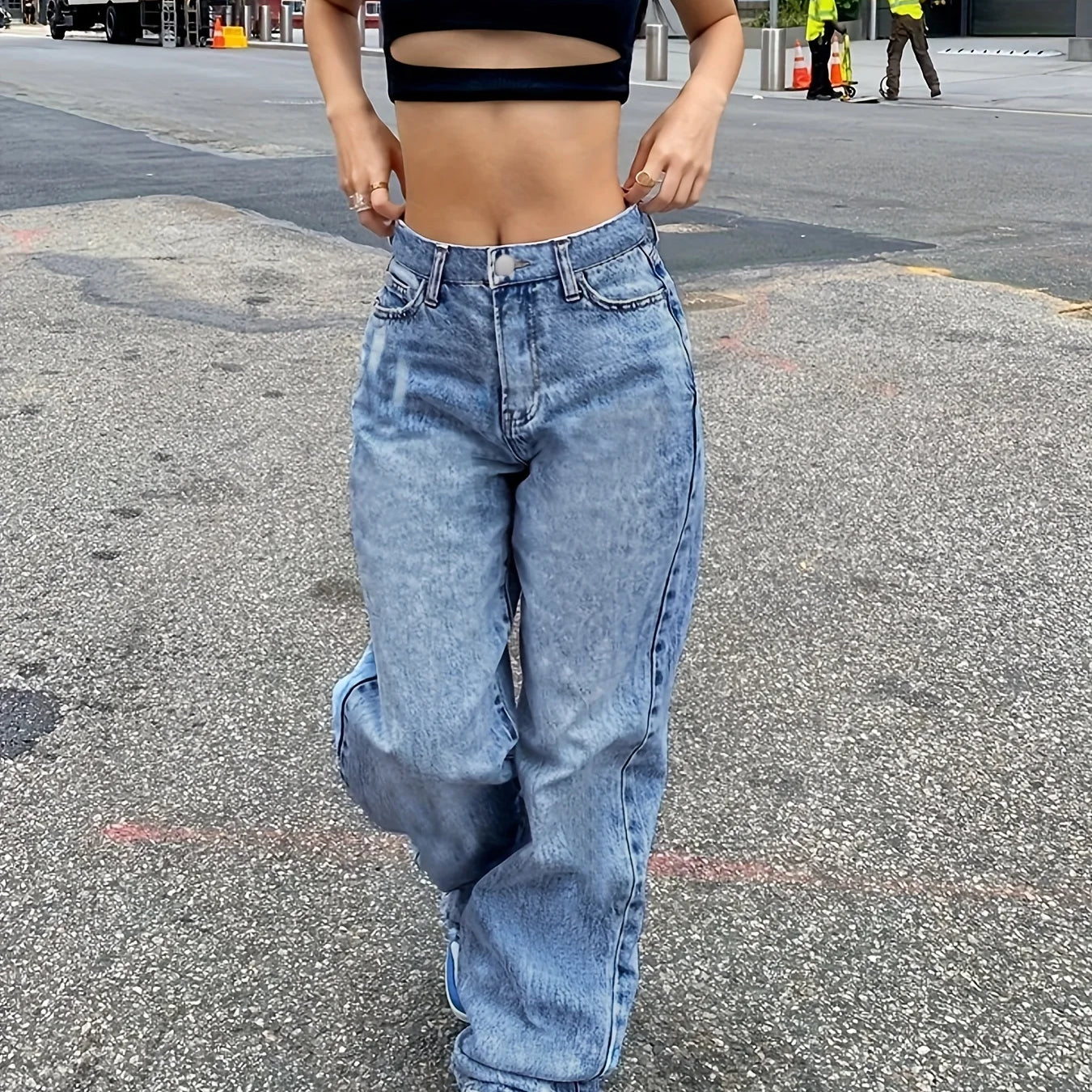 Blue Ripped Holes Straight Jeans, Loose Fit Slant Pockets Casual Wide Legs Jeans, Women's Denim Jeans & Clothing