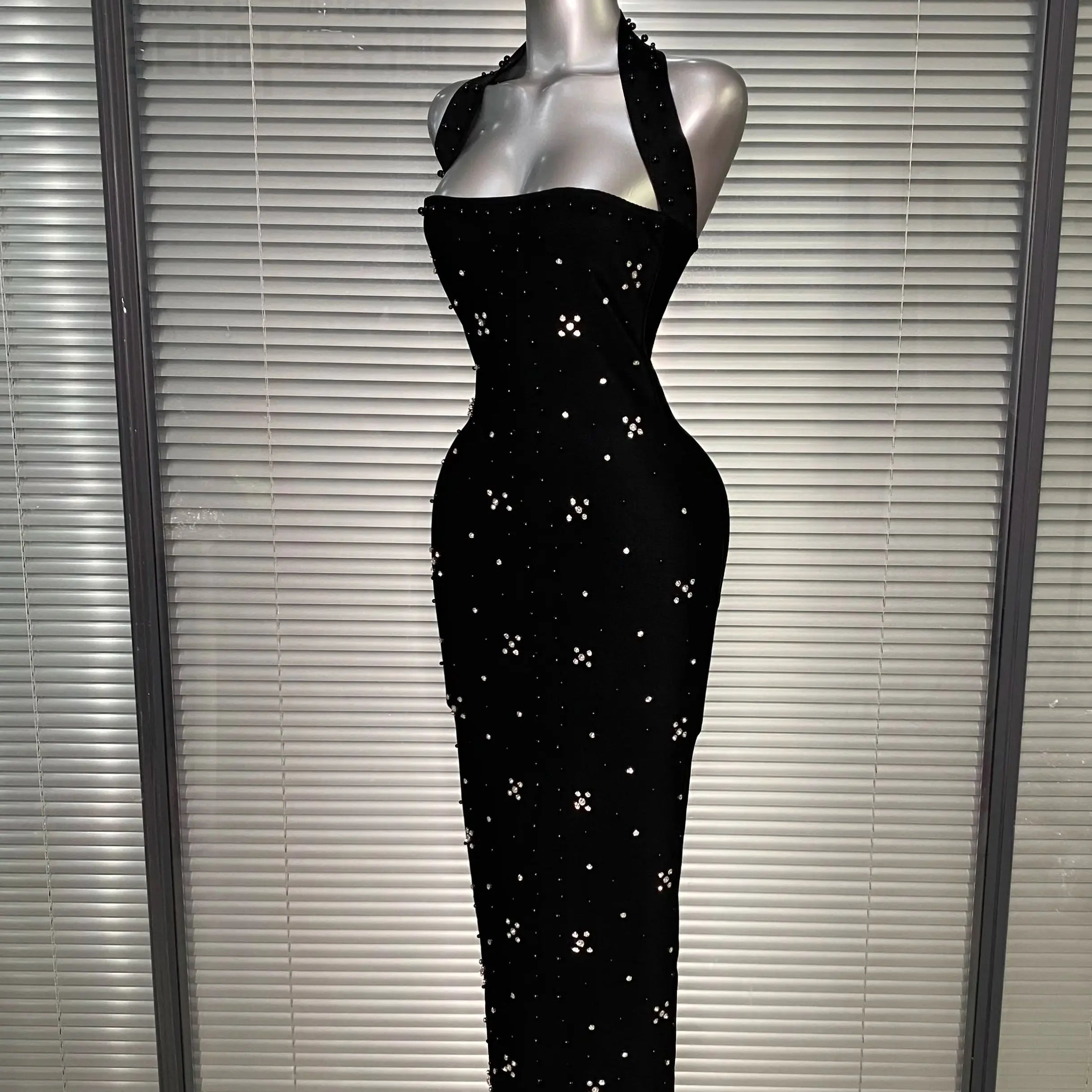 Summer New 2025 Women Black Halter Long Bodycon Bandage Dress Crystal Beaded Backless Evening Party Dress Vestido
