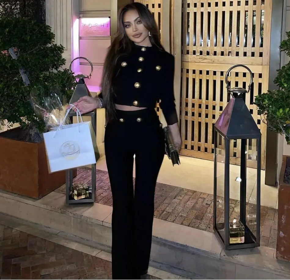 High Quality Bandage Expose Waist Woman Set Fashion Golden Buttons Short Coat Top And Flare Pants 2 Pieces High Street Wear