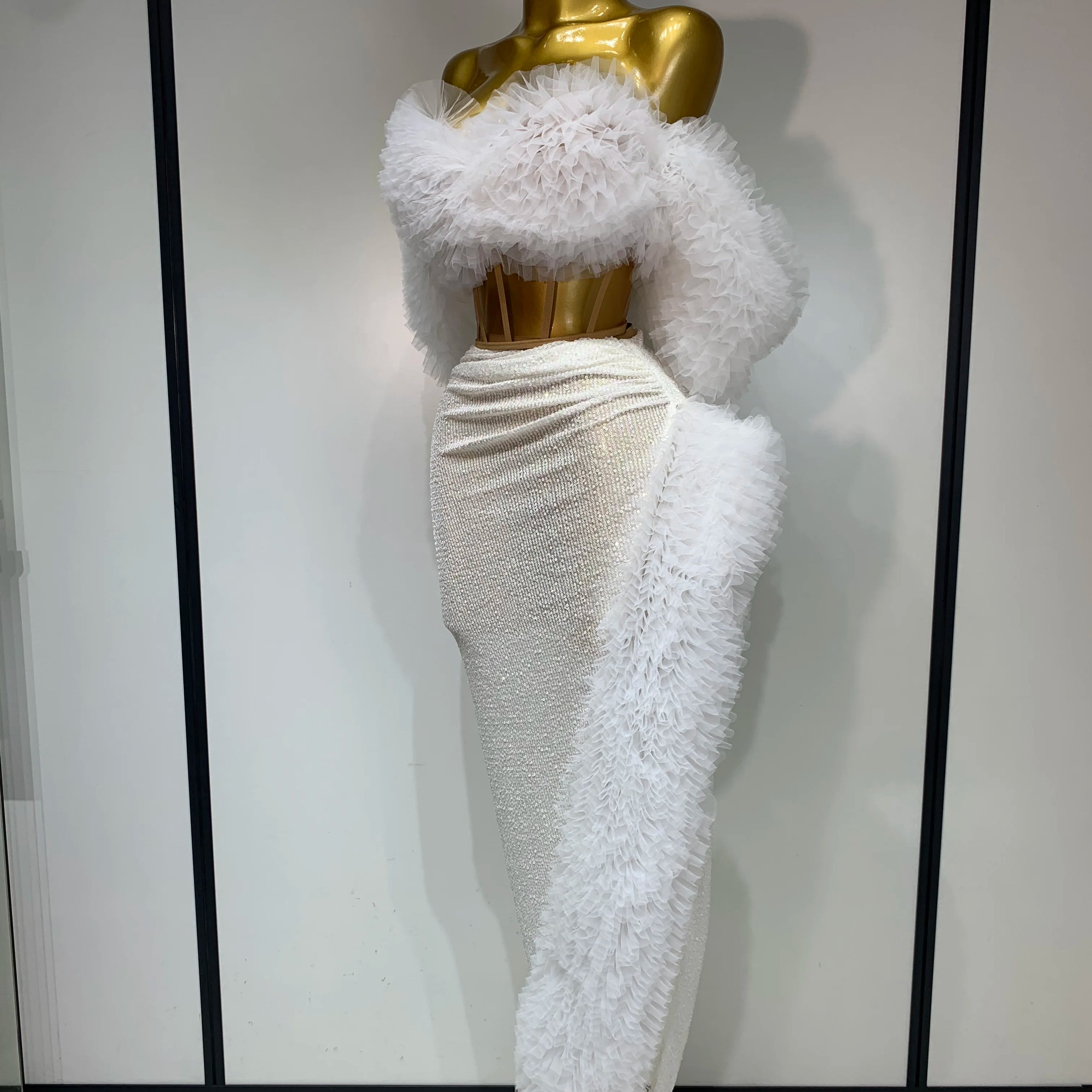 Women Elegant Sparkly Sequins Top Long Skirt Two Pieces Set Evening Party Luxury Birthday Nightclub Singer Dancer Stage Outfit