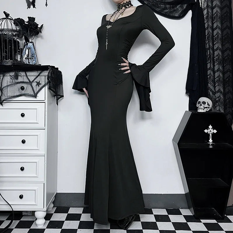 Halloween Cos Morticia Elegant Gothic Dress for Women Adams Family Inspired Wednesday Slim Summer Mermaid