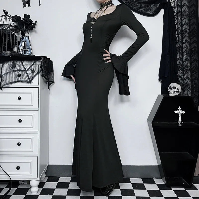 Halloween Cos Morticia Elegant Gothic Dress for Women Adams Family Inspired Wednesday Slim Summer Mermaid