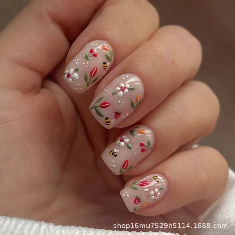 24pcs Short Square Press on Nails Yellow French Ballet False Nail Tips Gradient Blue Sweet Pearl Fake Nails Wearable Manicure