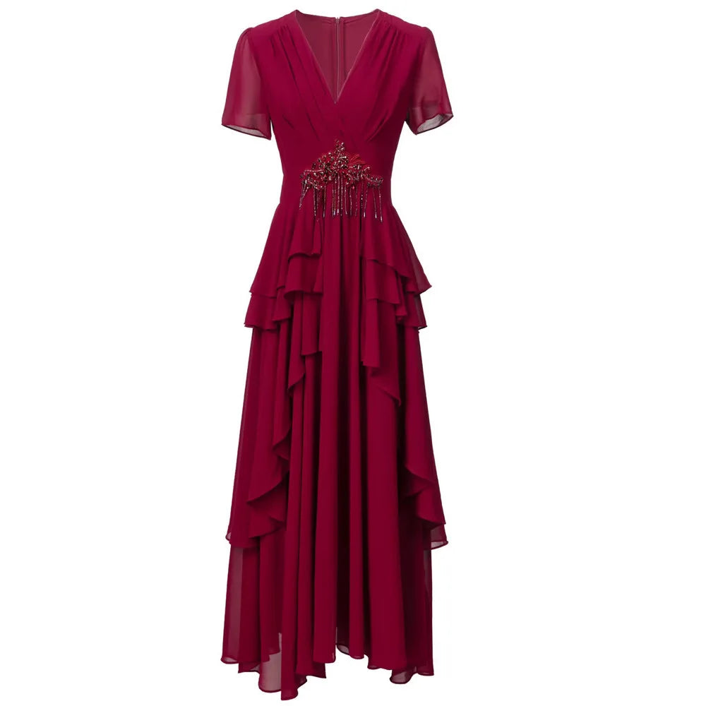 TWOTWINSTYLE Solid Slimming Spliced Bead Dresses for Women V Neck Short Sleeves Patchwork Ruffles Folds Dress Female Clothes New