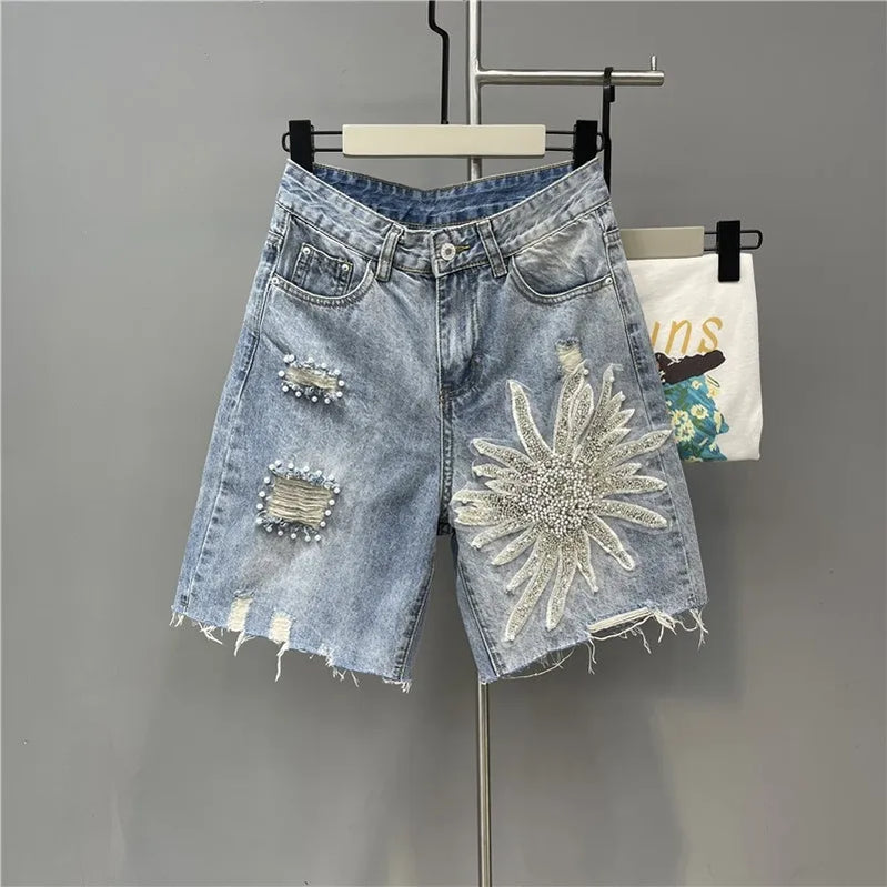 Summer Denim Shorts Women Tassel Sequin Beading Fashion Ripped Jeans Shorts High Waist Knee Length Pants Female